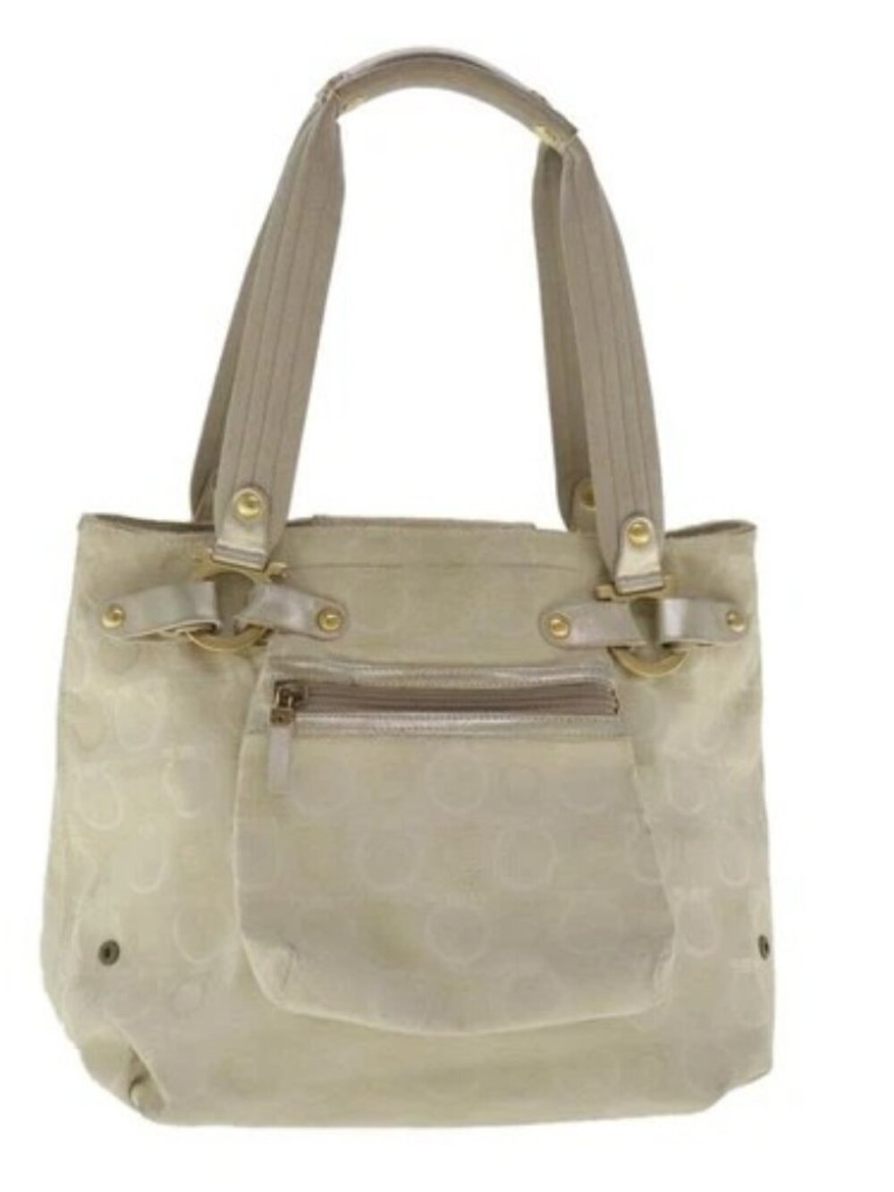 Salvatore Ferragamo Gancini Hand Bag Canvas Beige Gold Auth 95165